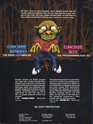 [Advertisement: GNOME Speed (BASIC 7.0 compiler) and GNOME Kit (programming, designing and debugging aids for BASIC and machine language programming) by SM Software, Inc.]